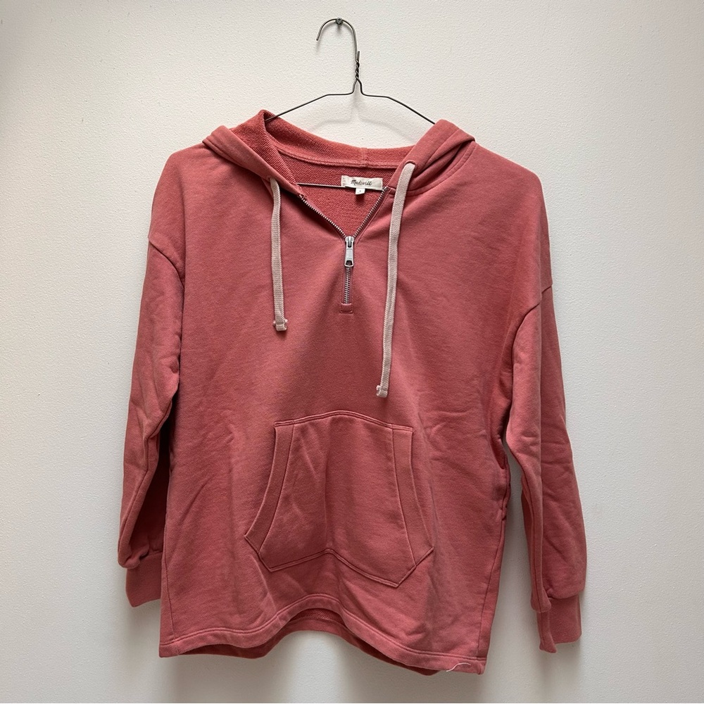 Madewell Comfy Salmon Pink Red Cotton Hoodie with Front Zip and Drawstring